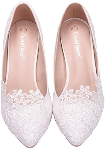 Bridal Wedding Shoes Closed Toe Pumps Chunky Heel Court Shoes Kitten Heel Lace Satin Slip on Pumps Heel Height 5CM White