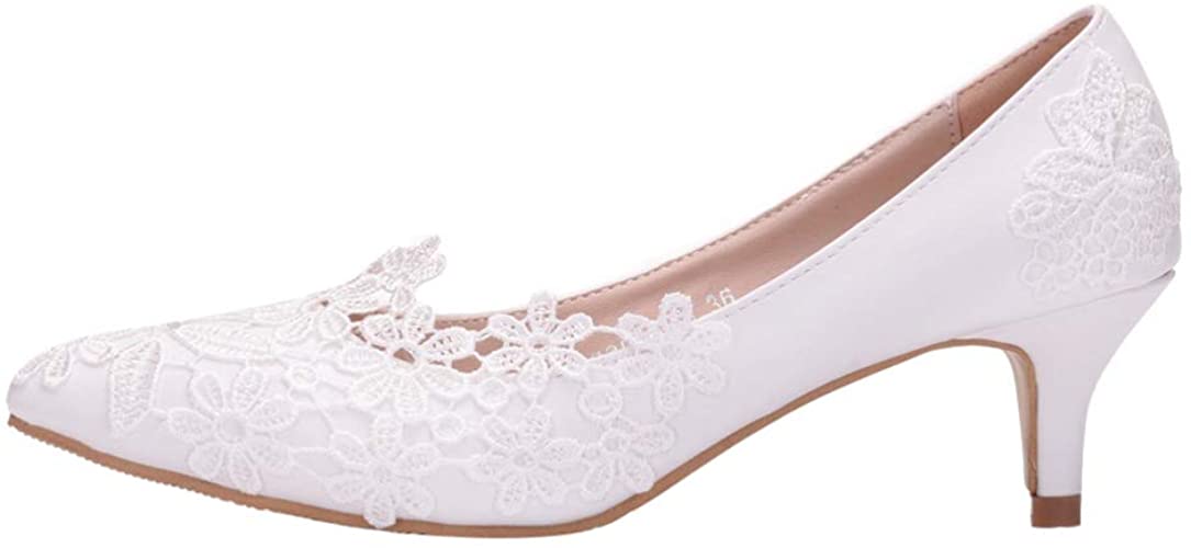 Bridal Wedding Shoes Closed Toe Pumps Chunky Heel Court Shoes Kitten Heel Lace Satin Slip on Pumps Heel Height 5CM White