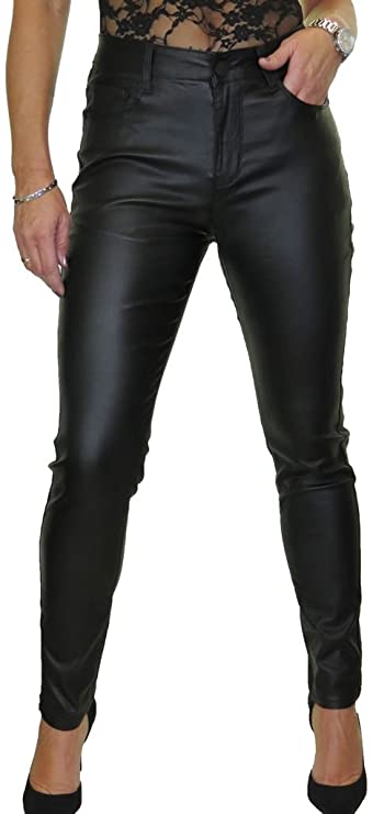 Women's High Waist Stretch Leather Look Jeans Ladies Skinny Trousers 8-20