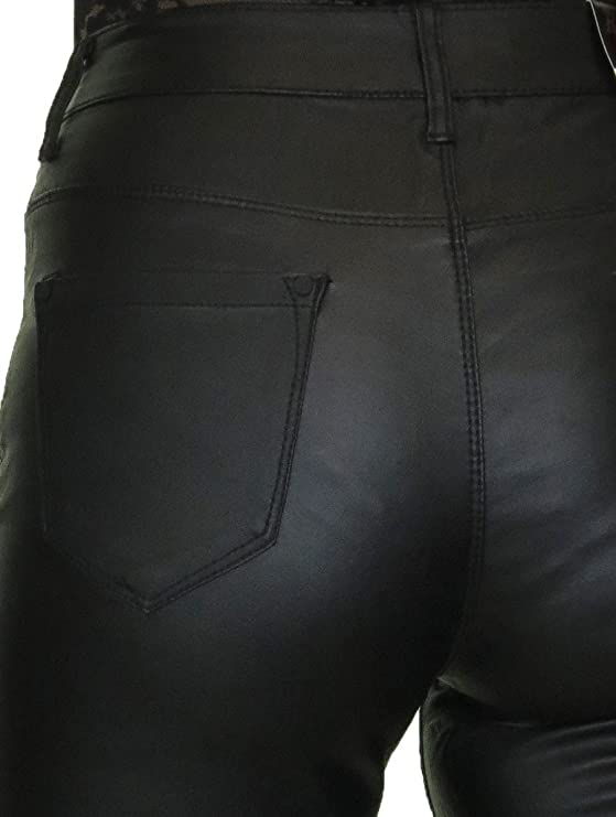 Women's High Waist Stretch Leather Look Jeans Ladies Skinny Trousers 8-20