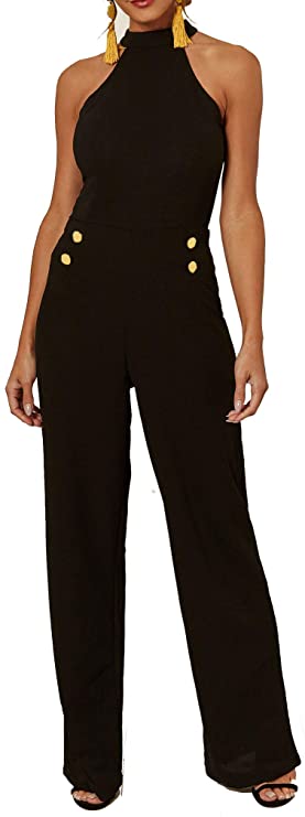 Womens Halterneck Sleeveless Jumpsuit Playsuit Romper Wide Leg Dress Fashion Elegant