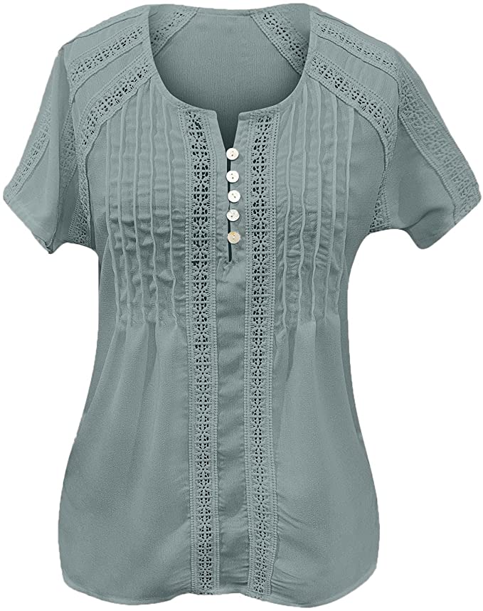 Women Tops Sale Clearance,Women Solid V-Neck Lace Crochet Eyelet Short Sleeve Casual Shirts Blouses Tops UK Stock 7-10 Days