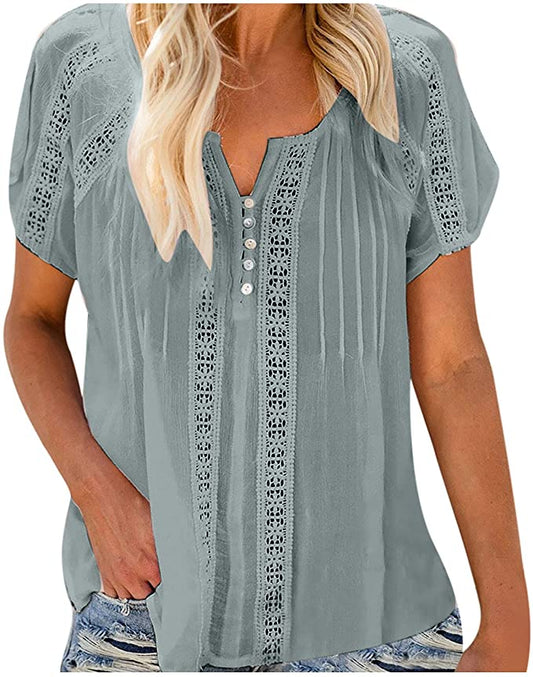 Women Tops Sale Clearance,Women Solid V-Neck Lace Crochet Eyelet Short Sleeve Casual Shirts Blouses Tops UK Stock 7-10 Days