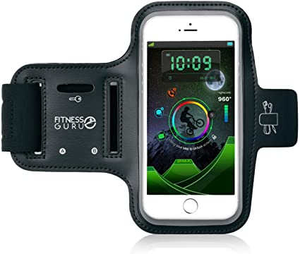 Fitness Guru Running Armband Phone Holder for iPhone X, 8, 7, 6 Samsung S9 and all Smartphones up to 5.2 inches | Phone Holder for Running, Jogging, Gym | Includes Key Holder & Earbuds Holder (Black)