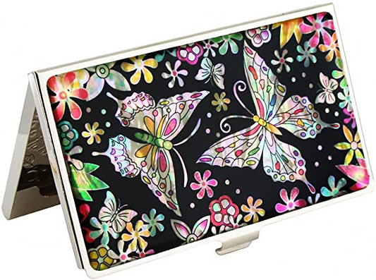 Mother of Pearl Butterfly Design Cash Money Business Credit Name Id Card Holder Case Metal Stainless Steel Engraved Slim Wallet