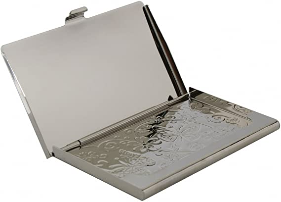 Mother of Pearl Butterfly Design Cash Money Business Credit Name Id Card Holder Case Metal Stainless Steel Engraved Slim Wallet