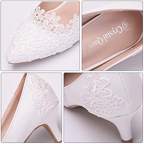 Bridal Wedding Shoes Closed Toe Pumps Chunky Heel Court Shoes Kitten Heel Lace Satin Slip on Pumps Heel Height 5CM White