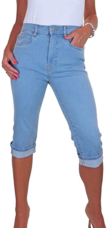 Women's High Waist Cropped Jeans Ladies Stretch Denim Capris Turn Up Cuff 3/4 Length 8-22