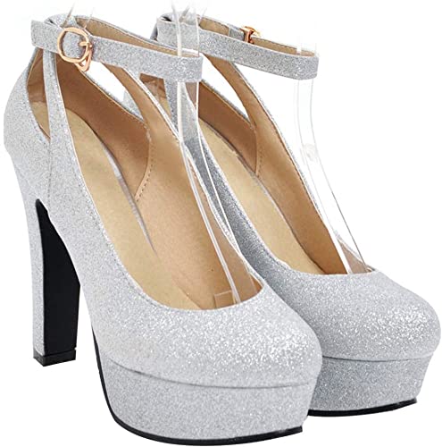 Womens Pumps 4.5inch Heeled Stiletto with 3.5cm Platform Closed Toe Sequined Bride Shoes High Heels Dancing Footwear