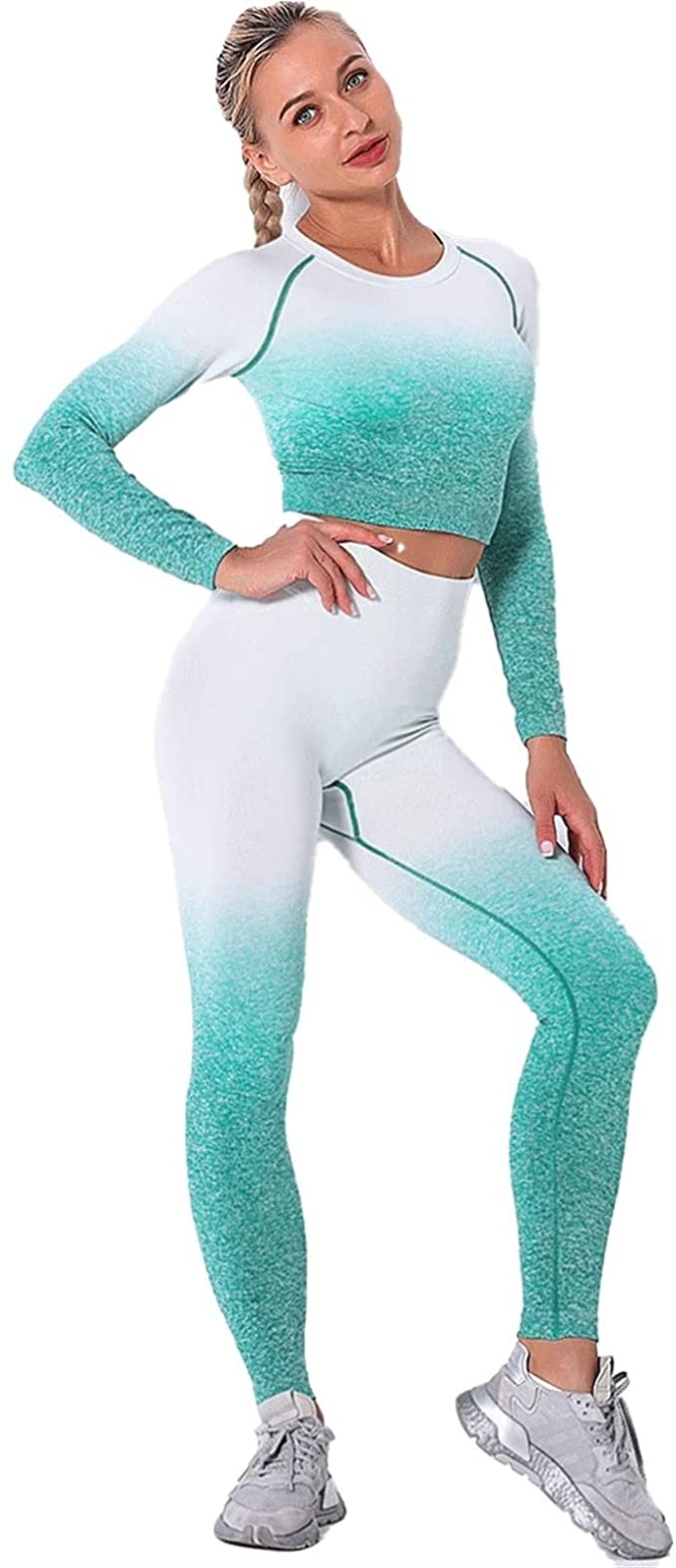Yoga Outfits Workout Set for Women 2 Pieces Seamless Gym Tracksuit,Yoga Sportswear with Long Sleeve and High Waist Leggings for Pilates, Fitness, Exercise,Running,Cycling,Jogging