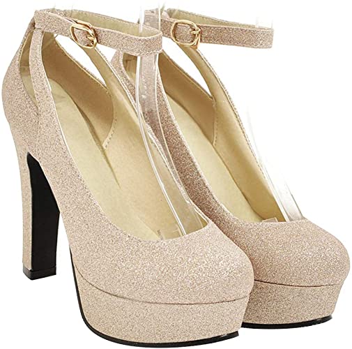 Womens Pumps 4.5inch Heeled Stiletto with 3.5cm Platform Closed Toe Sequined Bride Shoes High Heels Dancing Footwear