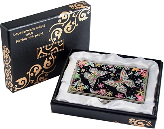 Mother of Pearl Butterfly Design Cash Money Business Credit Name Id Card Holder Case Metal Stainless Steel Engraved Slim Wallet